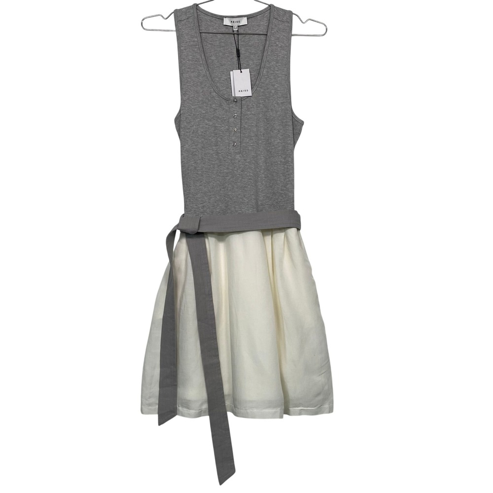 Reiss Women Zeta Jersey T-Shirt Dress Sz 10 White Grey Henley Linen Blend Skirt